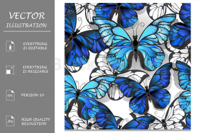 White Seamless Pattern with Blue Butterflies