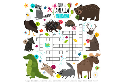 Animals crossword. Kids words brainteaser with north america animal se