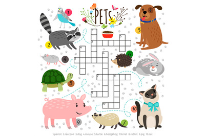 Kids crosswords with pets. Children crossing word search puzzle with p