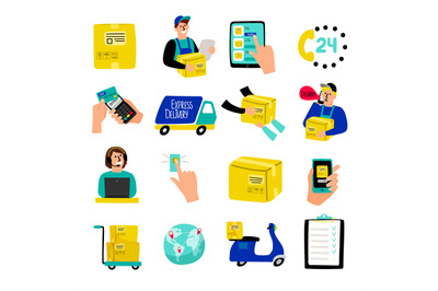 Cartoon delivery icons. Fast delivery illustrative vectors with quick