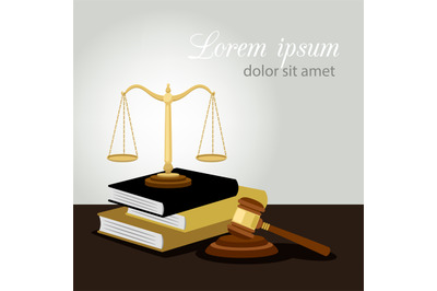 Justice concept. Justice scales, judge gavel and law books vector illu