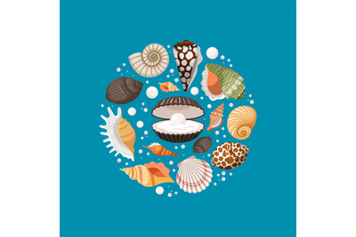 Cartoon sea shells round banner design