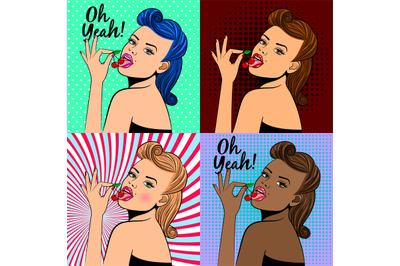 Pop art style lady with cherry vector illustration