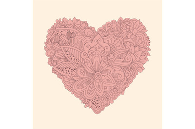 Doodle floral heart. Vintage printable heart with linear flowers vecto