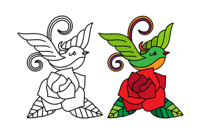 Bird with rose coloring page