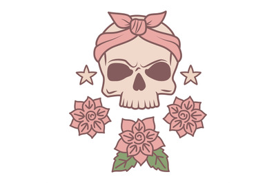 Cute skull and flowers tattoo template