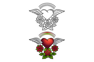 Rainbow, heart and floral ornament tattoo design