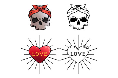 Skull and heart tattoo coloring page