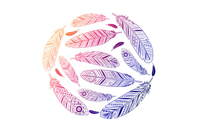 Ethnic feathers round colored emblem vector illustration