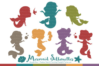 Sweet Mermaid Silhouettes Vector Clipart in Retro Bold