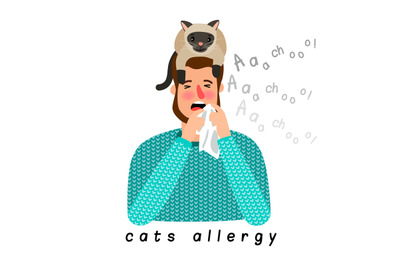 Allergic person with cat on head