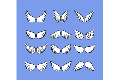 Cartoon angel wings set. Hand drawn wings isolated on white&2C; cartoon b