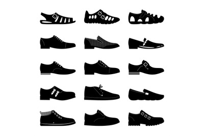 Black footwear icon set. Boots, sniekers signs, shoes icons silhouette