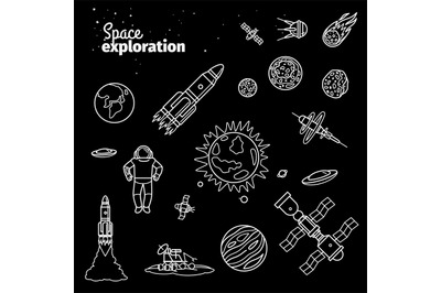 Cosmic doodle elements. Space exploration white line doodle vector ill