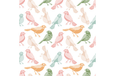 Pastel birds seamless pattern in watercolor flat style