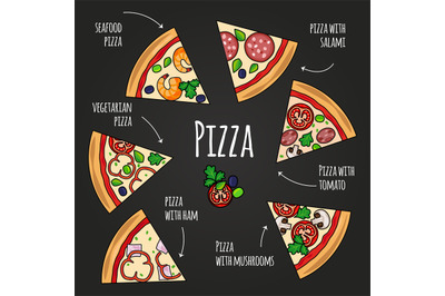 Pizza slices. Blackboard pizzeria menu. Colorful pizza slice icons wit