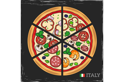 Italian pizza on grunge backdrop vector illustration