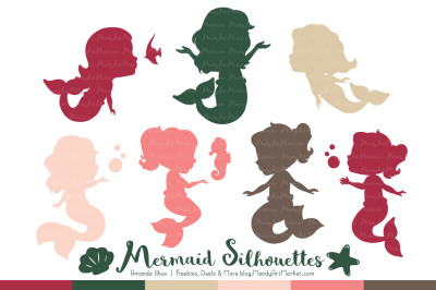 Sweet Mermaid Silhouettes Vector Clipart in Rose Garden
