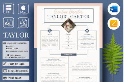Creative CV, Resume template for Word and Pages + Cover Letter + Tips