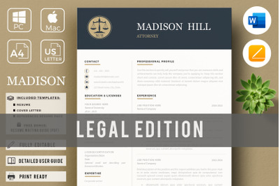 Attorney Resume, CV. Lawyer Resume &amp; Legal Cover Letter. Downloadable