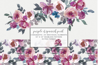 Purple &amp; Spanish Pink Floral Bouquet Clipart Watercolor