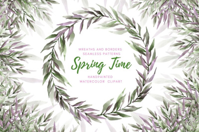 Spring watercolor set. Foliage frames, wreaths, backgrounds for cards