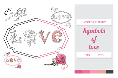 Hand drawn set of letters, roses and frame. Vector.