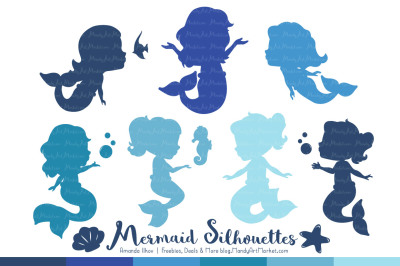 Sweet Mermaid Silhouettes Vector Clipart in Shades of Blue