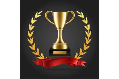 Gold laurels and trophy. Realistic winner 3d award emblem with ribbon