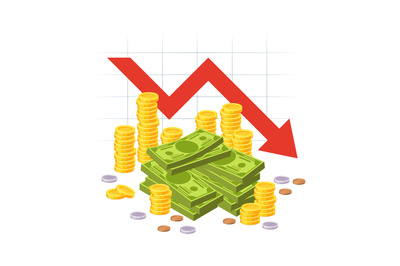 Money loss. Red down arrow stocks graph with cash pile. Financial cris