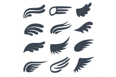 Wing icons. Different shapes of black wings emblems&2C; birds feather her