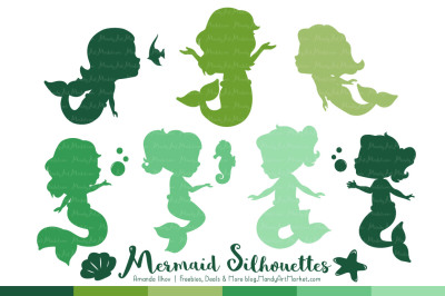 Sweet Mermaid Silhouettes Vector Clipart in Shades of Green
