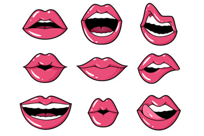 Lips patches. Pop art sexy kiss&2C; smiling woman mouth with red lipstick