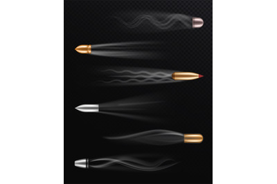 Realistic flying bullet. Fired bullets in motion with smoke trace, sho