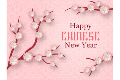 Paper sakura. Happy chinese new year greeting card traditional sakura