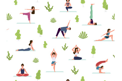 Yoga seamless pattern. People demonstrating various yoga positions war