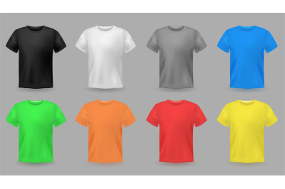 Color t-shirt mockups. Design colorful textile fabric apparel for men