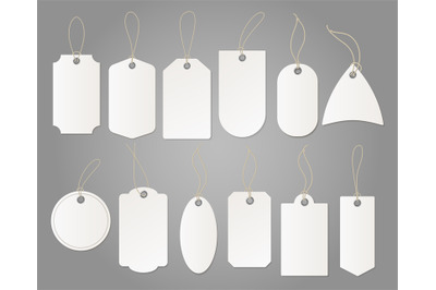 Craft tags. Hanging shop white label from paper different shapes with