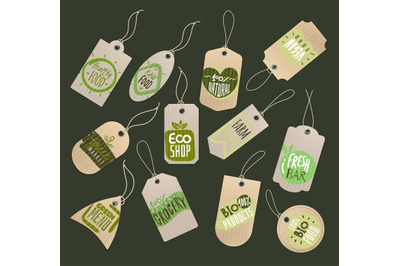 Food store labels. Paper tags with logo of healthy fresh organic fruit
