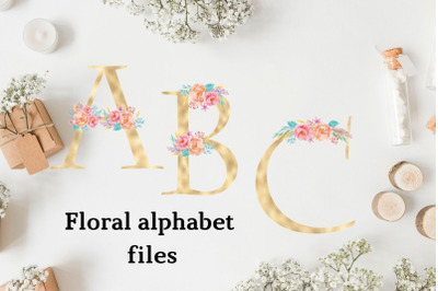 Gold foil alphabet with flowers&2C; Floral alphabet clipart&2C; Wedding alphabet&2C; Golden monogram letters