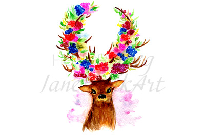 Watercolor deer painting with flowers&2C; isolated illustration PNG &amp;amp; JPG