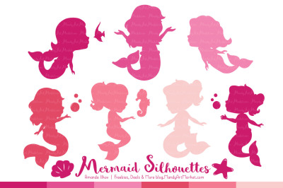 Sweet Mermaid Silhouettes Vector Clipart in Shades of Pink