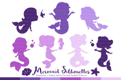 Sweet Mermaid Silhouettes Vector Clipart in Shades of Purple