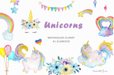 Unicorn clipart, Watercolor magic clipart
