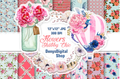 Shabby Chic Papers, Flowers Paper, Flowers Printable, Digital