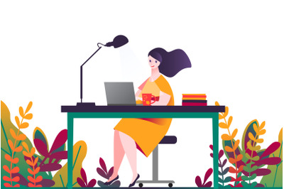 Greenery in workspaces concept design vector illustration. Freelance