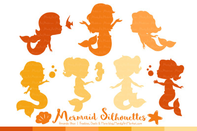 Sweet Mermaid Silhouettes Vector Clipart in Shades of Yellow