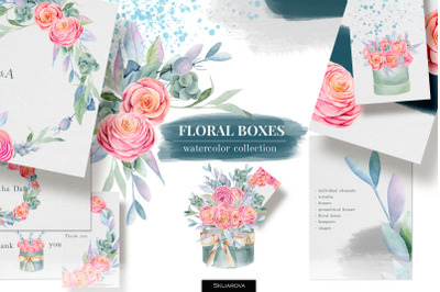 Floral boxes. Watercolor collection.