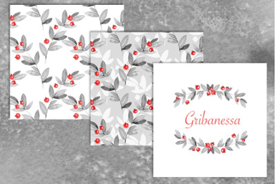 Watercolor seamless patterns with red berries
