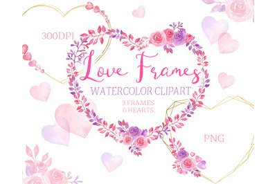 Watercolor frame wreaths for Valentine&#039;s Day.